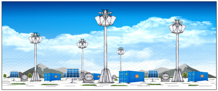 Jövőkép. Szélerőműpark pneumatikus energiával és szélenergiával működő hibrid tipusú szélerőművekkel.